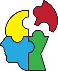 creative, puzzle human face head icon, idea illustration, solution brain vector art, editable smart energy symbol. innovative thinking digital art cartoon color style,