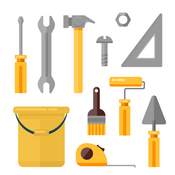 Set of metal bolts, screws, wrench, tape measure and hammer. Service tools. Industry hand drawn flat collection. Industrial equipment