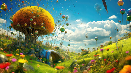 Fototapeta na wymiar Magical fantasy landscape with large dandelion type tree and abstract ball flying in to the air. Generative AI.