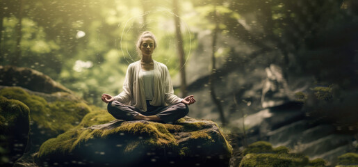 Woman meditating in forest nature setting with energy appearing in her mind. Copy space to right, Generative AI,
