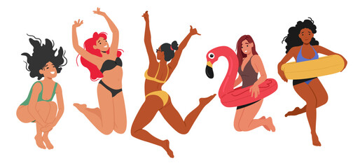 Joyful Diverse Beautiful Women Laughing And Jumping In Colorful Swimsuits, Celebrating Freedom, Confidence, And Beauty