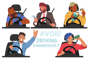Set of Male Driver Characters in Danger Situations. Men Sleeping, Call by Mobile, Eating, Drink Aclocol, Yelling