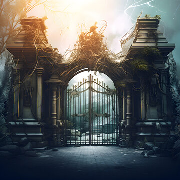 Grand iron gates dark horror background