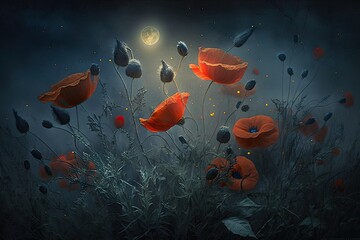 Fototapeta na wymiar Poppies and moon in the night sky