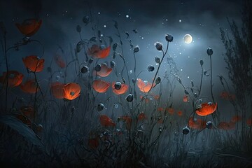 Poppies in the meadow at night with moon and fog