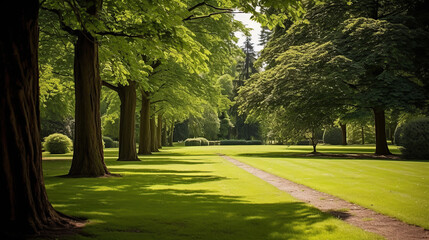 Obraz premium Trees in the park with green grass and sunlight, fresh green nature background.