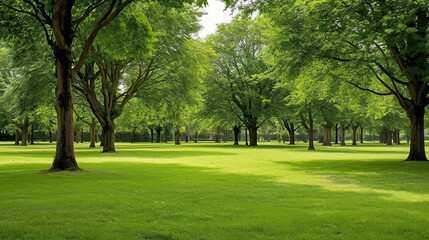 Trees in the park with green grass and sunlight, fresh green nature background.