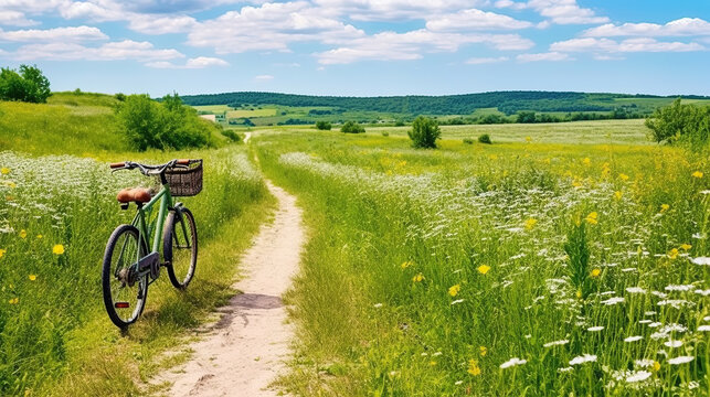 Beautiful spring summer natural landscape with a bicycle on a flowering meadow against a blue sky with clouds on a bright sunny day.