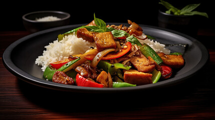 Stir fried Thai basil with crispy pork and chilli on topped rice - Thai local food style