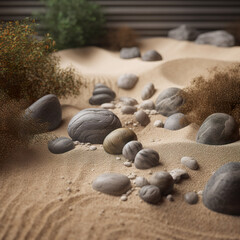 Fototapeta na wymiar Zen garden for meditation with sand in soft color. Depth of field japanese zen garden. Stones on the sand. Realistic 3D illustration. Generative AI