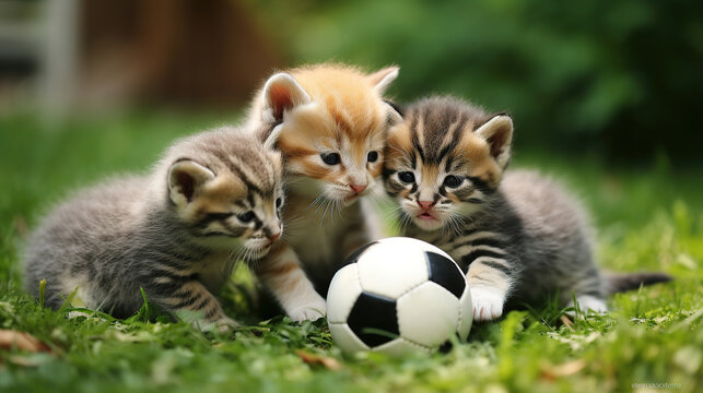 A cats play ball on the grass field.
