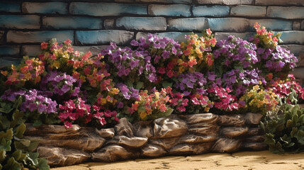 A flower bed in front of a terraced stone wall