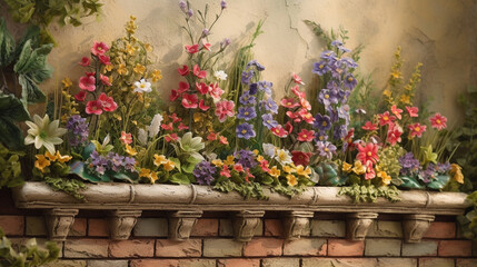 Fototapeta na wymiar Assorted flowers line a planter on a terraced stone wall, Generative AI