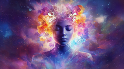 Woman's face in purple shade, eyes closed meditating with colourful flower energy emanating from her mind. Generative Ai.
