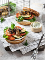 Grilled vegetables bun mushroom burgers or open sandwiches. Vegan, gluten free, healthy veggies hamburger for summer picnic