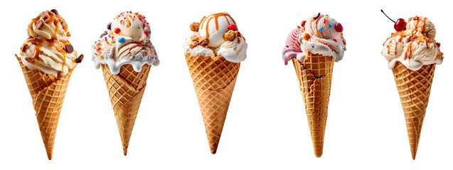 Set of Ice cream cones with different flavors, isolated on transparent