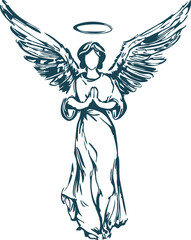 girl angel with wings praying vector stencil - obrazy, fototapety, plakaty