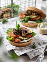 Grilled vegetables bun mushroom burgers or open sandwiches. Vegan, gluten free, healthy veggies hamburger for summer picnic