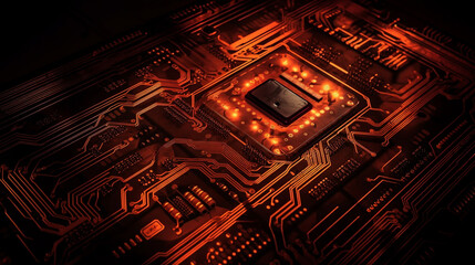 Orange hued circuit board showing the CPU, Generative AI