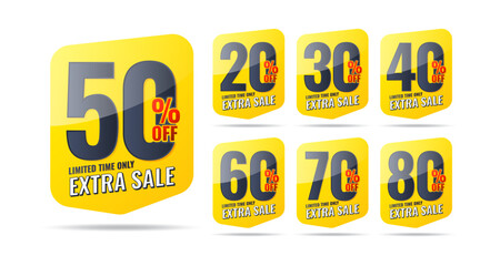 Extra sale label pop up banner with different sale percentage. 20, 30, 40, 50, 60, 70, 80 percent off price reduction badge promotion design emblem set vector illustration isolated on white background
