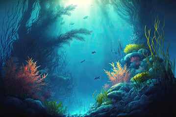 Obraz na płótnie Canvas Underwater river or seascape with tree roots, tropical fish, and algae illustration.