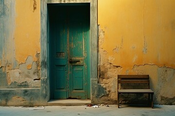 Fototapeta na wymiar Old green door on the yellow wall building