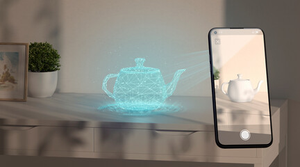 White kettle hologram stand on table phone display augmented reality