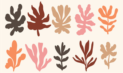 Minimalist abstract collection. Set of doodles in pastel colors for trendy design, summer season or natural concept. Modern hand drawn plant leaf.