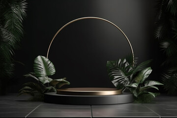 Beauty, fashion, make-up, product concept. Minimalist product placement black podium with leaves and flowers in background and copy space. Minimalist and luxury style. Generative AI