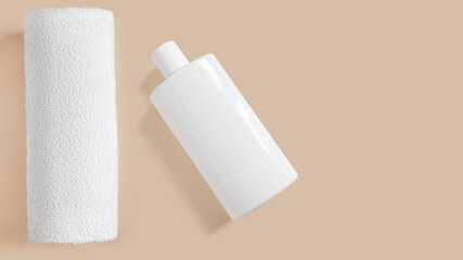 Set of white cosmetic bottles and creams on a beige background.