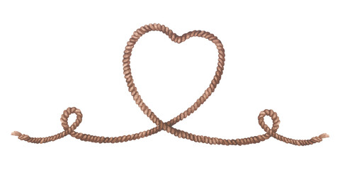 Heart shaped frame made of rope. Vintage cord border.Watercolor illustration. Empty space for text.Isolated on a white background template sticker with a place for an inscription.Nautical style blank © Ekaterina