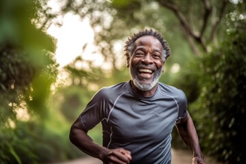 Naklejka na ściany i meble Happy black man running in park with music Smiles and simulations in nature Park and exercise. Senior man. Outdoor runner and exercise motivation.