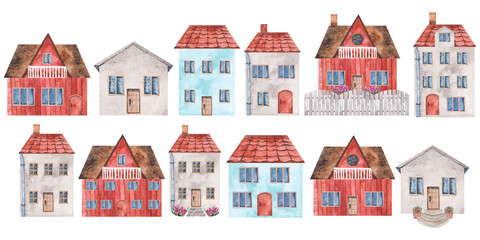 Set of watercolor house with a door and windows, a tiled roof. Isolated clipart on white background. Illustration for postcards, books, posters, children's room