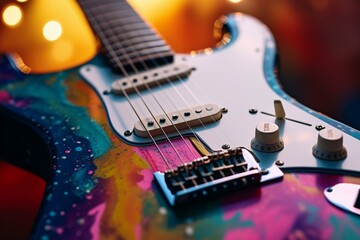Fototapeta na wymiar Colorful guitar producing creative music for concerts and festivals. A vibrant music vibes concept. Generative AI