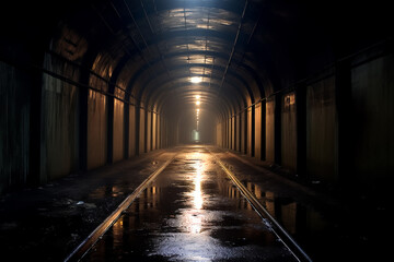 Fototapeta na wymiar A long, dark tunnel with a wet floor and a bright light in the back