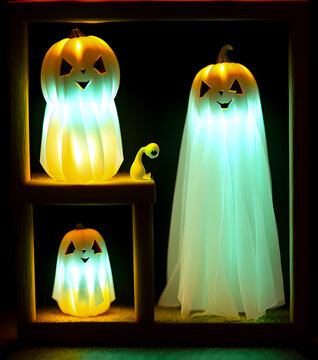 cute ghost and Pumpkins in pastel tone cute are celebrate the halloween festival 3d glowing. Happy Halloween pumpkins, cute ghost, trick fantasy fun party, Online, Generative AI, illustration