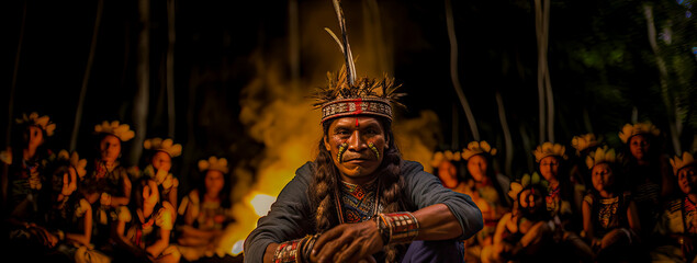 Illustration of a shaman healer preparing for an ayahuasca ceremony in the Amazon rainforest. A hallucinogenic, healing, spiritual, and, religious ritual.