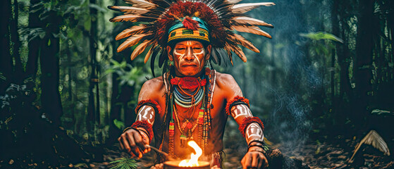 Illustration of a shaman traditional healer preparing for an ayahuasca ceremony in the Amazon rainforest. A hallucinogenic, healing, spiritual and, religious ritual. - obrazy, fototapety, plakaty