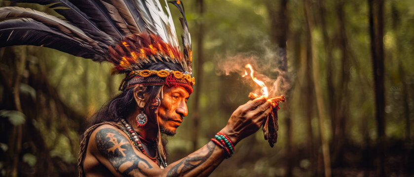 Illustration of a shaman traditional healer preparing for an ayahuasca ceremony in the Amazon rainforest. A hallucinogenic, healing, spiritual and, religious ancient ritual.