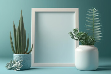 empty white frame beside two trendy vase and plants inside a soft green room, a template for designer  using Generative Ai technologie