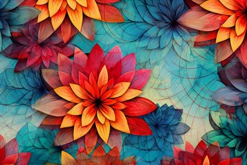 Geometric flowers background, vivid colors wallpaper texture Generative AI
