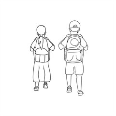 monochrome line art illustration of a boy and girl walking together to school