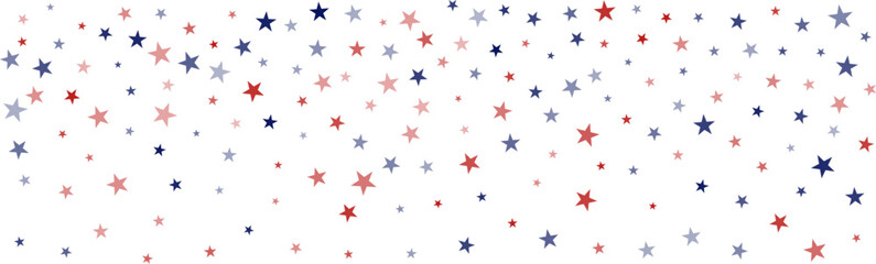 Stars confetti background. USA red and blue stars backdrop. American glitter horizontal border
