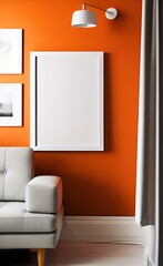 white blank frame inside a room with white armchair and orange wall, lamp, a template for designer using Generative Ai technologie