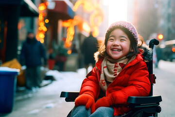 AI generated portrait of candid authentic joyful happy disabled child girl wheelchair outdoor winter