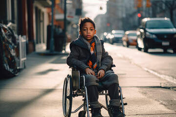 AI generated portrait of candid authentic disabled child boy sad emotion in wheelchair outdoor fall
