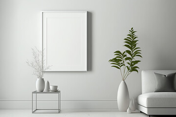 Fototapeta na wymiar empty white frame on a white wall inside a room beside decoration vase and plant and a white sofa in modern living room, template for designer using Generative Ai technologie