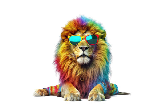 Abstract animal king of Lion portrait with colorful Afro hairs wearing sunglasses in Hawaii dress theme isolated on clear png background, Vibrant bright, with Generative AI.