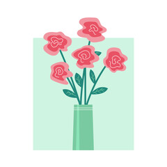 Vase of flowers on a white background. Bouquet of red roses. Vector isolated illustration. Element for design and decoration