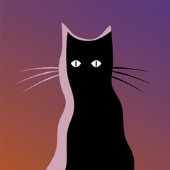 Black cat silhouette in the dark. Open eyes. Vector cartoon illustration